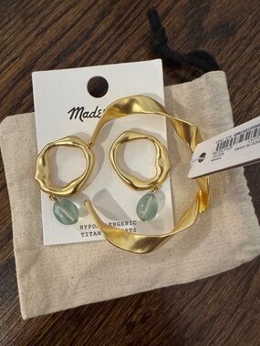 Gold Twisted Hoop Earrings with Mint Glass Drops